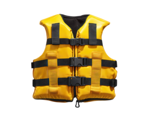 High quality photo of bright yellow life vest with black straps isolated on transparent background.