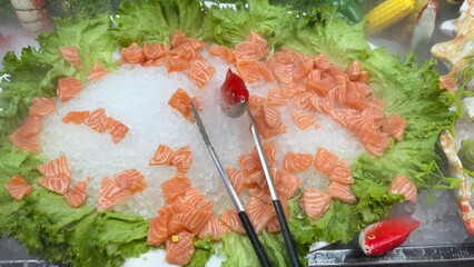 Salmon Sashimi Display with Lettuce and Ice
