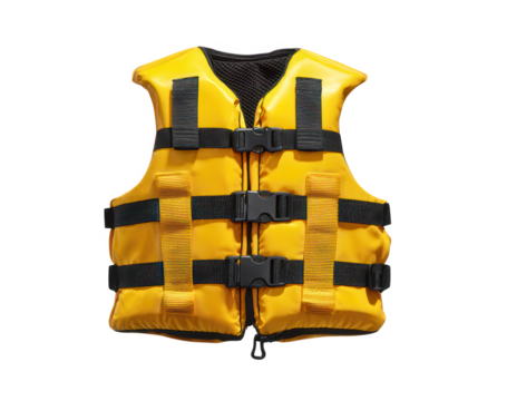 High quality photo of bright yellow life vest with black straps isolated on transparent background.