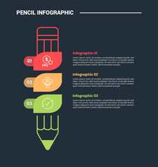 pencil education infographic process diagram with vertical standing with leaf badge and stacked list with dark background bright outline style 3 points