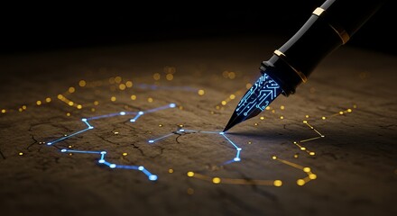 Futuristic pen drawing glowing circuit lines, representing innovation, technology, and digital connection, perfect for business, design, and creative projects