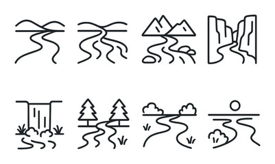 Minimalist nature icons: mountains, waterfalls, trees, rivers, sunsets