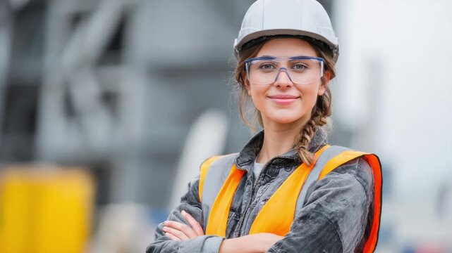 Poised Professional: A skilled female engineer, radiating confidence and expertise, stands at the forefront of a construction site, embodying competence and leadership.