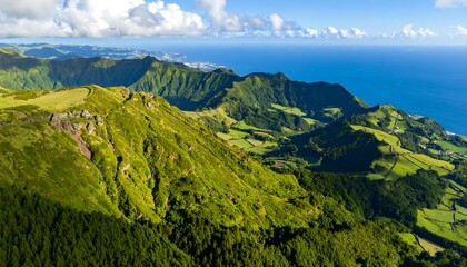 Naklejka premium Lush Green Volcanic Landscape of Flores Island, Azores, with Atlantic Ocean Views.