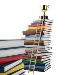Golden Trophy on Stack of Colorful Books with Wooden Ladder, Achievement Concept 3D Render, Education Success Symbol, Transparent Background