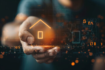 Real estate agent analyzing market data on a laptop, with digital graphs and house icons overlaying the screen.