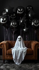 Spooky Halloween Ghost on Brown Sofa with Black Balloons