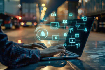 Person using a laptop with holographic icons representing logistics and supply chain management in an industrial setting.
