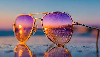 Sunglasses reflecting a vibrant sunset