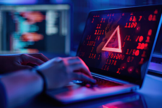 Person using a laptop with holographic icons representing logistics and supply chain management in an industrial setting.