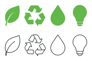 Eco icons: green leaf, recycling symbol, water drop, light bulb on gradient background