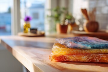 Folded reusable beeswax wraps on wooden surface indoors. A close-up product shot filled with warmth and light. Eco-friendly kitchen, zero waste lifestyle, sustainable alternatives.
