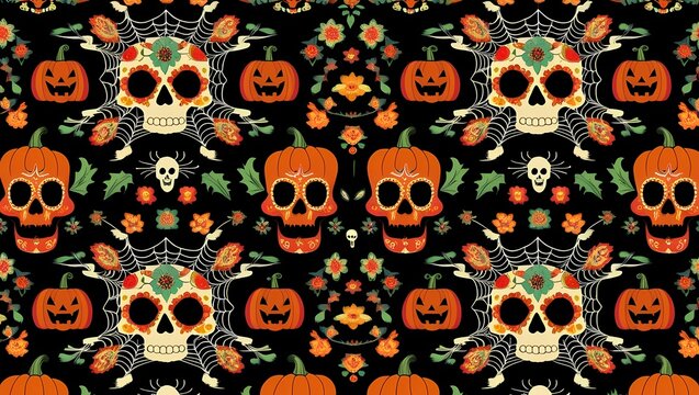 Seamless ornamental Halloween pattern in batik-inspired style featuring pumpkins, skulls, bats, spider webs, and mystical flowers arranged in a symmetrical ethnic design. - Powered by Adobe