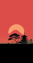 Obraz premium Silhouette of Asian temple at sunset. Simple, stylized image of a pagoda, mountain, and tree against a vibrant sunset