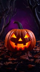 Glowing Jack-o'-lantern in Spooky Autumn Forest at Night