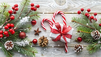 Christmas composition with gift box, candy canes, pine cones, and fir branches on a white wooden background
