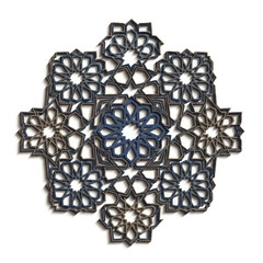 Complex 3D layered Islamic geometric pattern with intricate star motifs in shades of blue and grey.