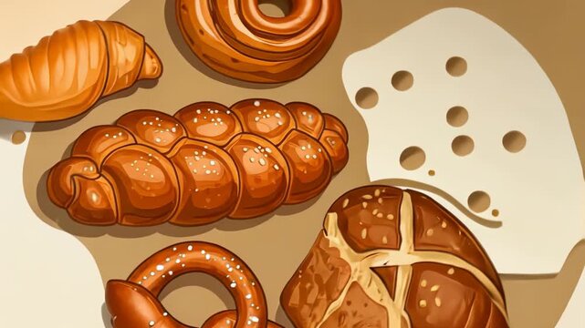 Delicious assortment of freshly baked pastries and breads in motion