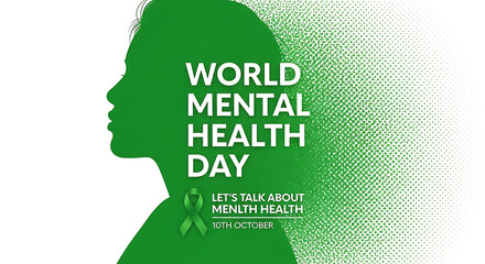 World Mental Health Day illustration of a female profile with halftone pattern and awareness ribbon