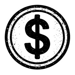 Distressed Grunge Dollar Sign Icon. Textured Black & White Circular Stamp Symbol for Finance, Money, Currency, Cost, Wealth. Ideal for Business, Economy, Payments, Banking, Investment Graphics. Vintag