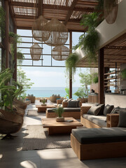 Fototapeta premium Modern tropical resort mountain surround lush forest scenery.