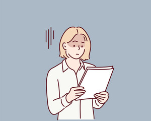Tired Businesswoman Reading Paper Documents at Office. Hand drawn style vector design illustrations.