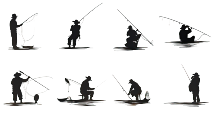 Set of fisherman with fishing rod isolated on white background