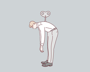Burnout man. Windup puppet businessman exhausted from overwork. Recharge and low energy office worker concept. Hand drawn style vector design illustrations.