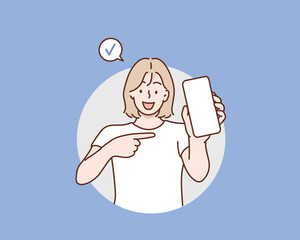 Obraz na płótnie Canvas Young Woman Holding Smartphone with Check Mark, Mobile App Approval Concept, Hand drawn style vector design illustrations.