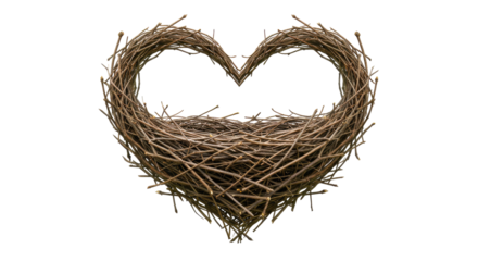 Heart Shaped Bird Nest Crafted from Twigs on Black Background Perfect for Valentine's Day Cards and Romantic Designs, a Rustic and Natural