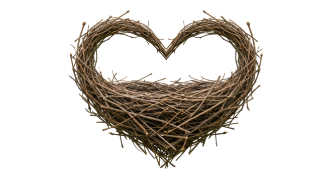 Heart Shaped Bird Nest Crafted from Twigs on Black Background Perfect for Valentine's Day Cards and Romantic Designs, a Rustic and Natural