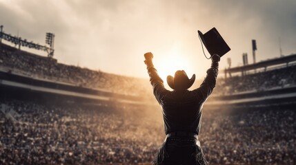 Cowboy Celebrating in Stadium with Raised Arms and Hat.