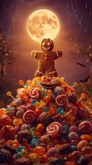 Gingerbread Man on a Candy Mountain Under a Halloween Moon