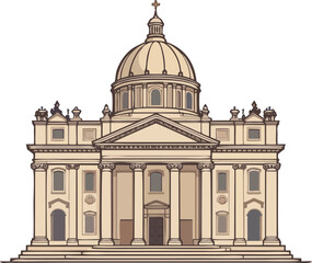 Classic Vector Illustration of St. Peter’s Basilica Front View with Dome and Columns on White Background