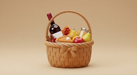 Cozy Autumn Harvest Basket: Pie, Wine, Fruit 3D Render
