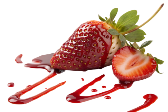 morango do amor com calda vermelha caindo sobre sorvete cremoso fresco