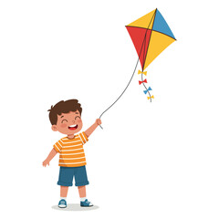 Happy Boy Flying a Colorful Kite Outdoors &ndash; Flat 2D Illustration on White Background