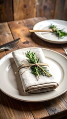 Rustic table setting with rosemary garnish