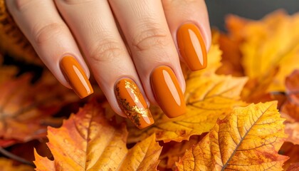 Autumnal nail art on hands with orange and gold