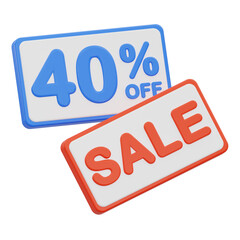 3D 40 percent off sale banner icon for retail promotion and shopping discount advertising