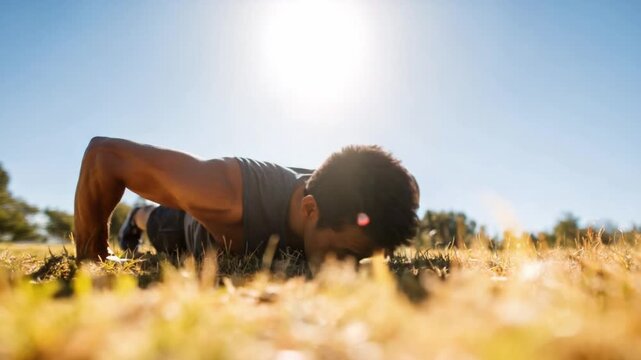 Push-Up Mastery: Capturing a moment of intense focus and determination, a person is seen performing push-ups amidst sun-kissed foliage, embodying the strength, perseverance.