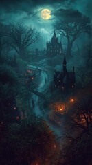Obraz premium Enchanting Gothic Village Under a Full Moon A Dark Fantasy Landscape