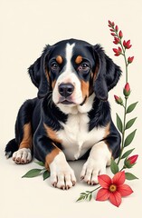 Portrait of a Bernese Mountain Dog. Colored drawing on a light background. Nearby is a plant in the form of a flower and a stem with leaves.