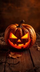 Glowing Jack-o'-lantern on Rustic Wooden Surface with Autumn Leaves