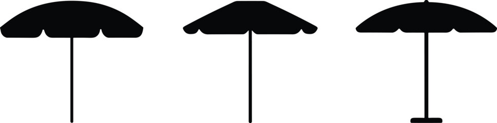 Collection of black beach umbrella silhouette vector icons, simple summer sunshade design, outdoor parasol shapes illustration, isolated graphic symbols for vacation decoration