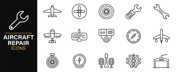 Aircraft maintenance icons – vector pack of airplane, propeller, wrench, hangar, and cockpit instruments