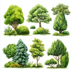 Colorful Watercolor Tree Illustrations for Landscape Design , isolated on white background png
