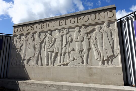 A wall sculpture located outside the Lord's Cricket Ground. Lord's is commonly known as the Home of Cricket.