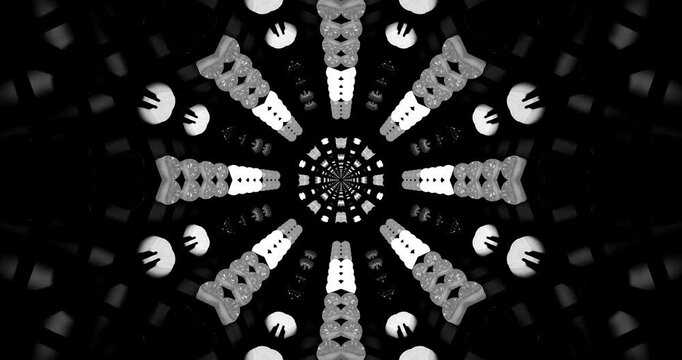 3d loop of kaleidoscopic symmetrical tunnel with white and gray pattern on a black background.