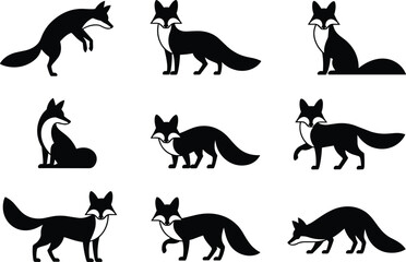 Collection of fox silhouette illustrations, wild animal vector design set, multiple poses of foxes, standing, sitting, walking, hunting, isolated black icons